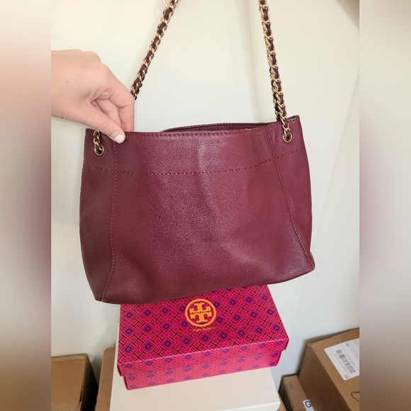 Tory Burch Designer McGraw Leather Burgundy Tote Purse Handbag - Picture 6 of 12